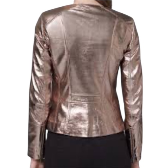 WHBM Metallic Leather Moto Jacket Asymmetric Zip NWT Gold - Picture 14 of 15